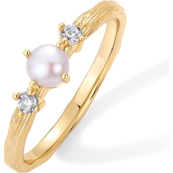 Women Dainty Elegant Cubic Zirconia 14K Gold Plated Pearl Hammered Ring - Picture 1 of 6